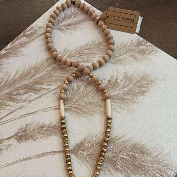 Long Wood Bead Necklace Brass Ring Pendant 38" - Picture 4 of 5